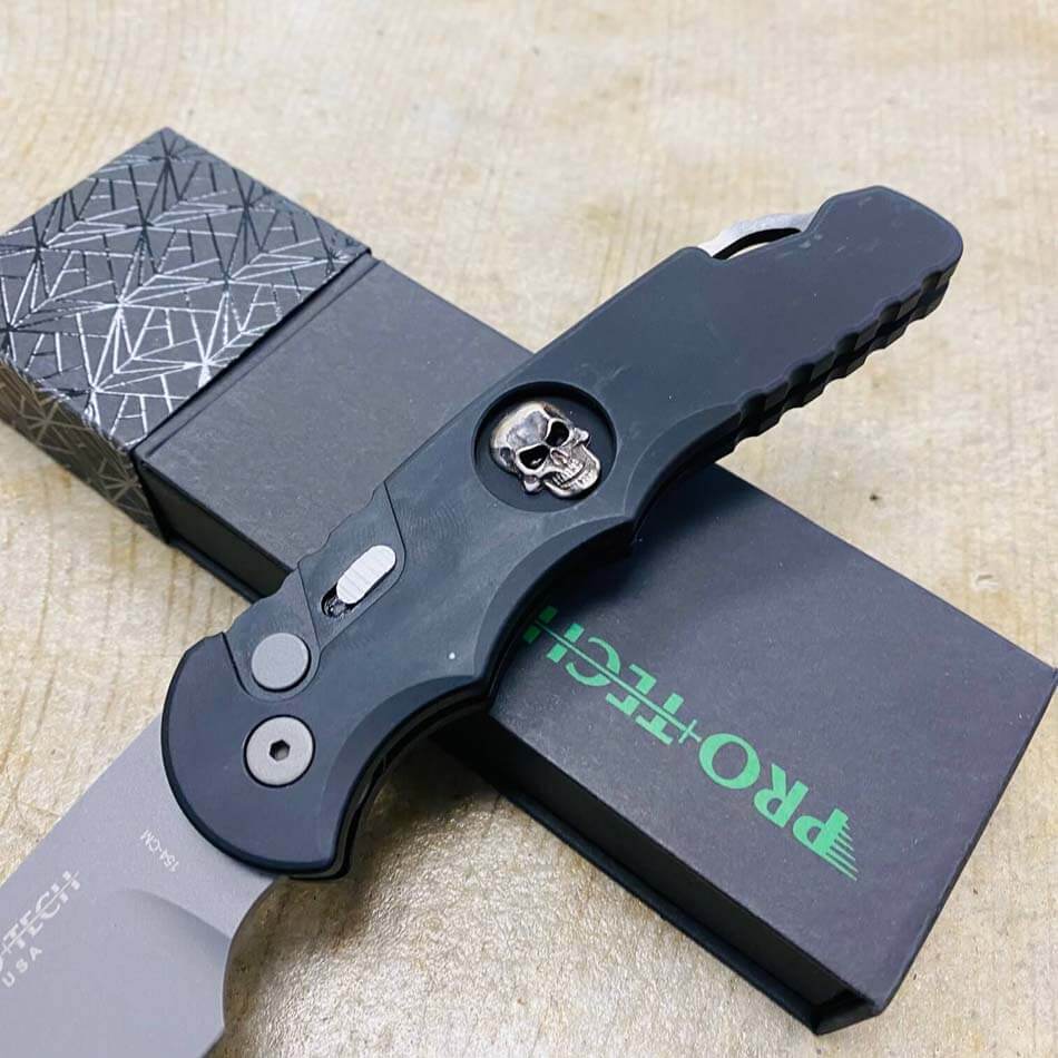 PROTECH TR-4.59 4" Tactical Response 4 Black Handle Bruce Shaw Sterling Silver Skull Bead Blasted Knife - TR-4.59