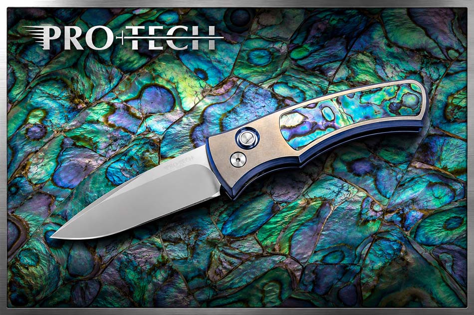 Protech 2026 Duke Custom 004, DUKE 2, 6AI4V Titanium Handle with 2-Tone Blue/Gold Anodize,Chad Nichols Raindrop Damascus Blade Knife Protech 2026 Duke Custom 004, DUKE 2 cstom,6AI4V titanium handle with 2-tone blue/gold anodize, mosaic abalone inlay, Chad Nichols Raindrop damascus blade, abalone button, satin hardware, anodized titanium clip, knife