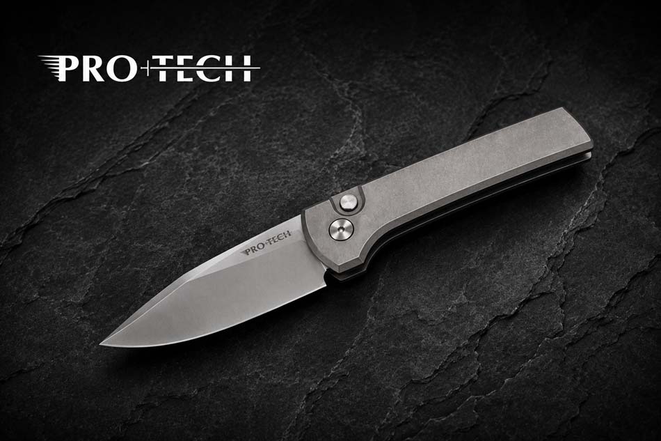 Protech 2026 Scapegoat Compact Custom 001, Scapegoat Compact Auto, Blasted Stonewashed 17-4 heat treated steel handles Knife Protech 2026 Scapegoat Compact Custom 001, Ramon Chaves Designed Scapegoat Compact Auto Prototype, blasted and stonewashed 17-4 heat treated steel handles, Mike Irie compound ground 154CM blade, stain hardware, black lip pearl button, short deep carry clip, knife