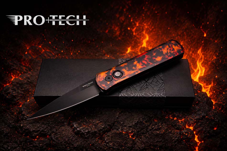 Protech 721 DF2 Godson, Del Fuego Custom Anodized Handle, DLC Black 154CM Blade, Black Lip Pearl Button, Knife - Protech 721 DF2 knife