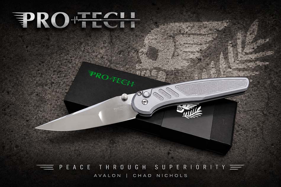 Protech 2026 Avalon Custom 004, Peace Neighbor Avalon, Knurled Grey Aluminum Handle, Mike Irie Compound Ground Mirror Polished 154CM Blade Knife Protech 2026 Avalon Custom 004, Peace Neighbor Designed Avalon thumb stud, knurled grey aluminum handle, Mike Irie compound ground mirror polished 154CM blade, white pearl button, satin thumb studs and hadware, polished long deep carry clip knife