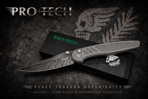 Protech 2026 Avalon Custom 005, Peace Neighbor Avalon Knurled 17-4 Steel Handle, Chad Nichols "Boomerang" stainless Damascus, Knife BLADE SHOW 2026 - Protech 2026 Avalon Custom 005