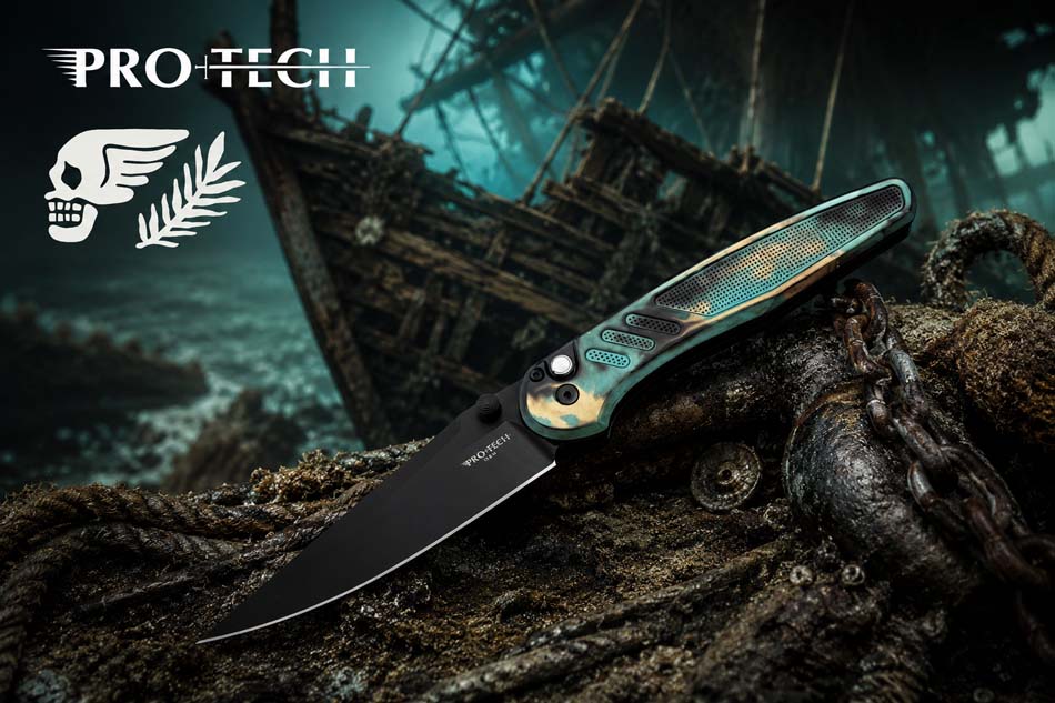Protech PN1103-Shipwreck, Peace Neighbor Avalon, Knurled "Shipwreck" Handle, DLC black Magnacut blade Knife Protech PN1103-Shipwreck, Peace Neighbor designed Avalon thumb stud, knurled "Shipwreck" custom anodized aluminum handle, DLC black Magnacut blade, black lip pearl button, black thumb studs and hardware, black long deep carry clip, knife