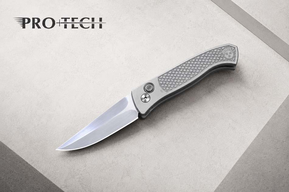 Protech 2026 Brend Classic Custom 001, Brend Classic Auto, Blasted Tumbled 17-4 Steel Textured Handles, Knife Protech 2026 Brend Classic Custom 001, Brend Classic Auto, Walter Brend Design, blasted tumbled 17-4 steel textured handles, Mike Irie hand ground line grain satin 154CM blade, black lip pearl button, satin hardware, blue ano titanium clip, knife