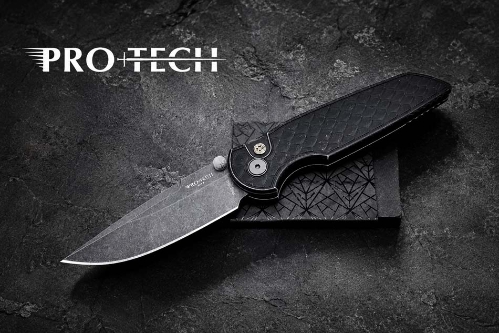 Protech BSA26.INT.1 TR-3 Integrity Thumbstud Manual, Battleworn REPTILE Textured Black Handle, Acidwash Magnacut Blade Knife - Protech BSA26.INT.1 Knife