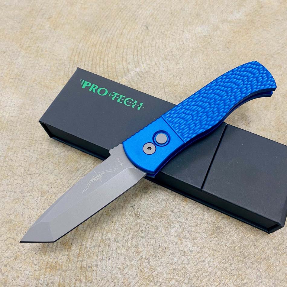 ProTech E7T05-BLUE Emerson CQC7 3.25" Chisel Tanto BLUE Jigged Texture Handles Blasted Blade Plain Edge Automatic Knife - E7T05-BLUE