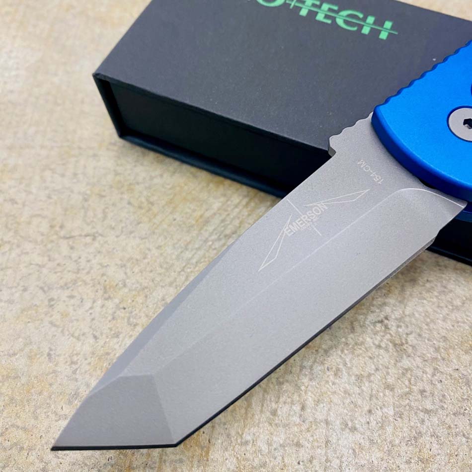 ProTech E7T05-BLUE Emerson CQC7 3.25" Chisel Tanto BLUE Jigged Texture Handles Blasted Blade Plain Edge Automatic Knife - E7T05-BLUE