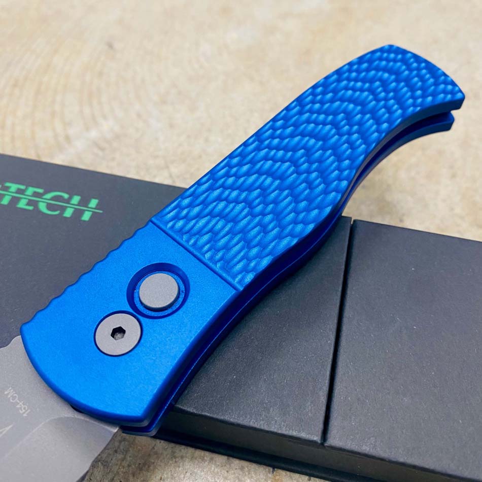 ProTech E7T05-BLUE Emerson CQC7 3.25" Chisel Tanto BLUE Jigged Texture Handles Blasted Blade Plain Edge Automatic Knife - E7T05-BLUE
