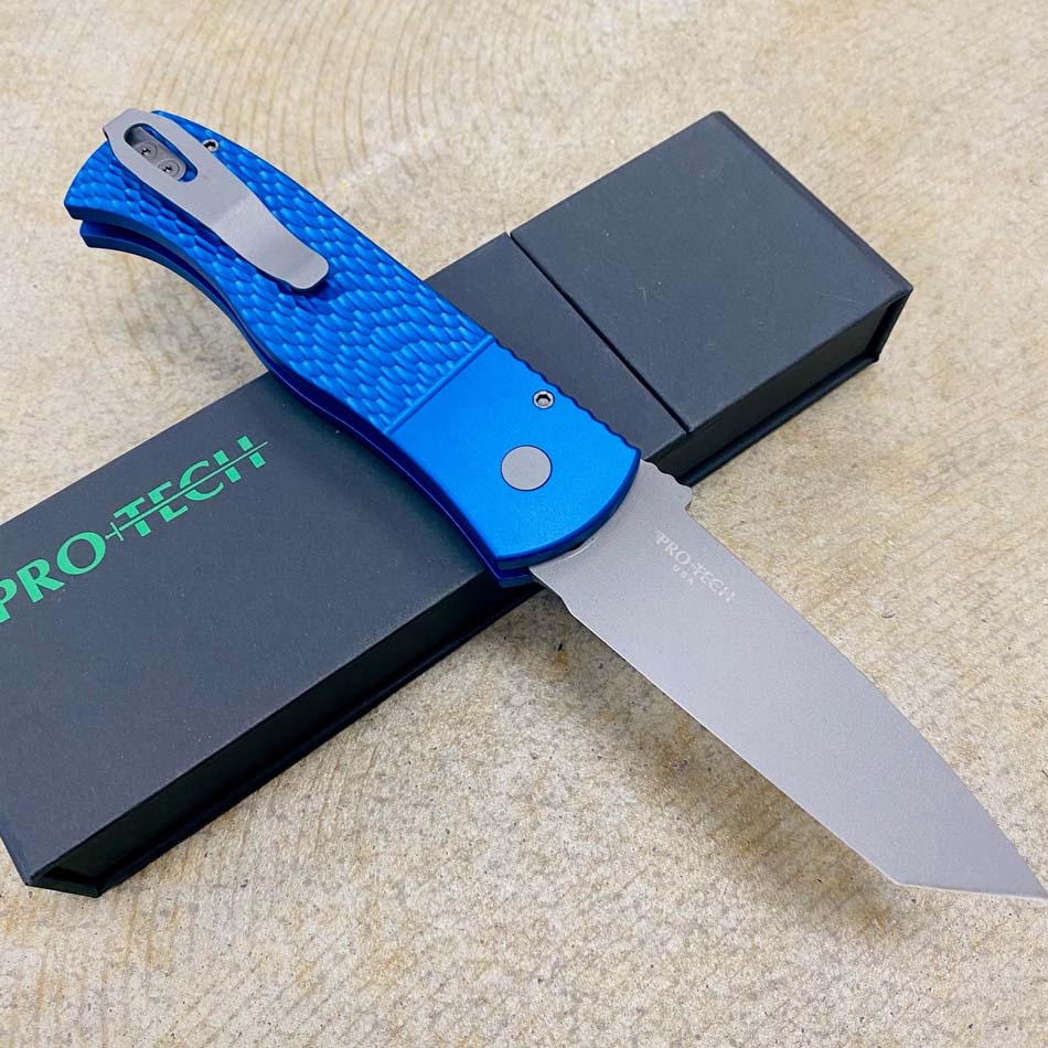 ProTech E7T05-BLUE Emerson CQC7 3.25" Chisel Tanto BLUE Jigged Texture Handles Blasted Blade Plain Edge Automatic Knife - E7T05-BLUE