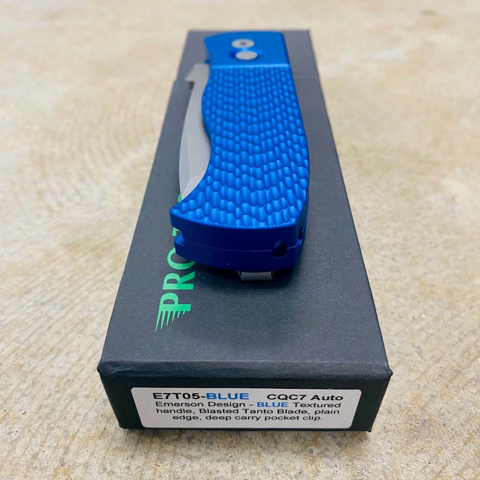 ProTech E7T05-BLUE Emerson CQC7 3.25" Chisel Tanto BLUE Jigged Texture Handles Blasted Blade Plain Edge Automatic Knife - E7T05-BLUE