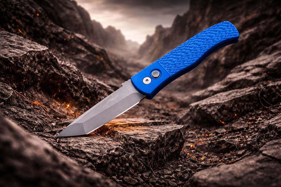 ProTech E7T05-BLUE Emerson CQC7 3.25" Chisel Tanto BLUE Jigged Texture Handles Blasted Blade Plain Edge Automatic Knife - E7T05-BLUE