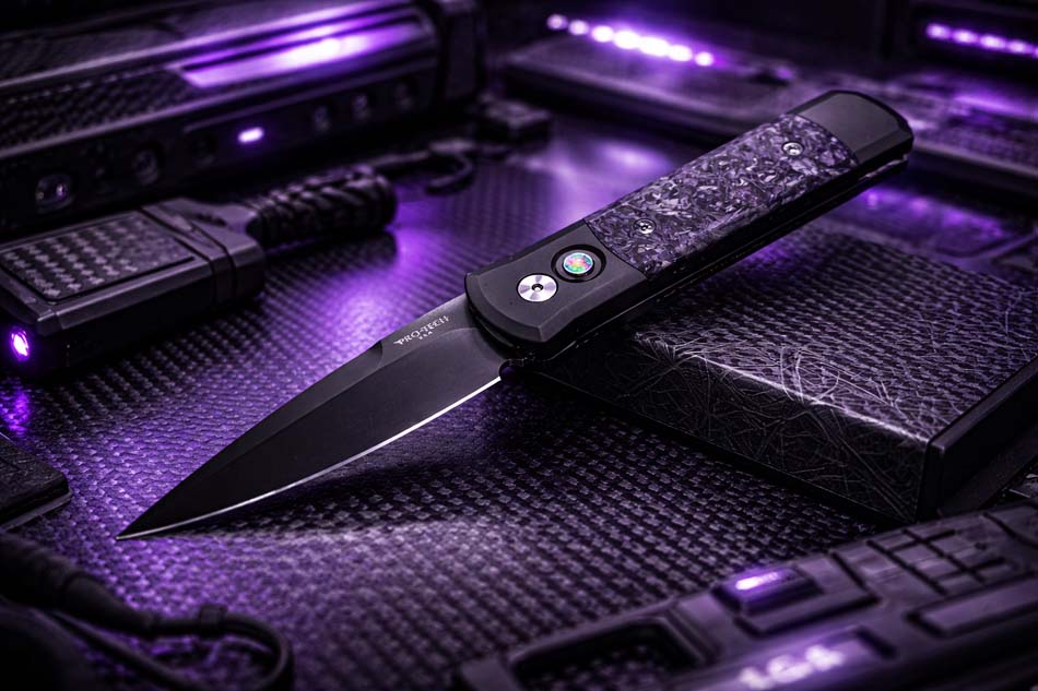 Protech 7FC32 Godson 3.15" Black Handle Fat Carbon Dark Matter Purple Inlays Black Blade Auto Knife - 7FC32