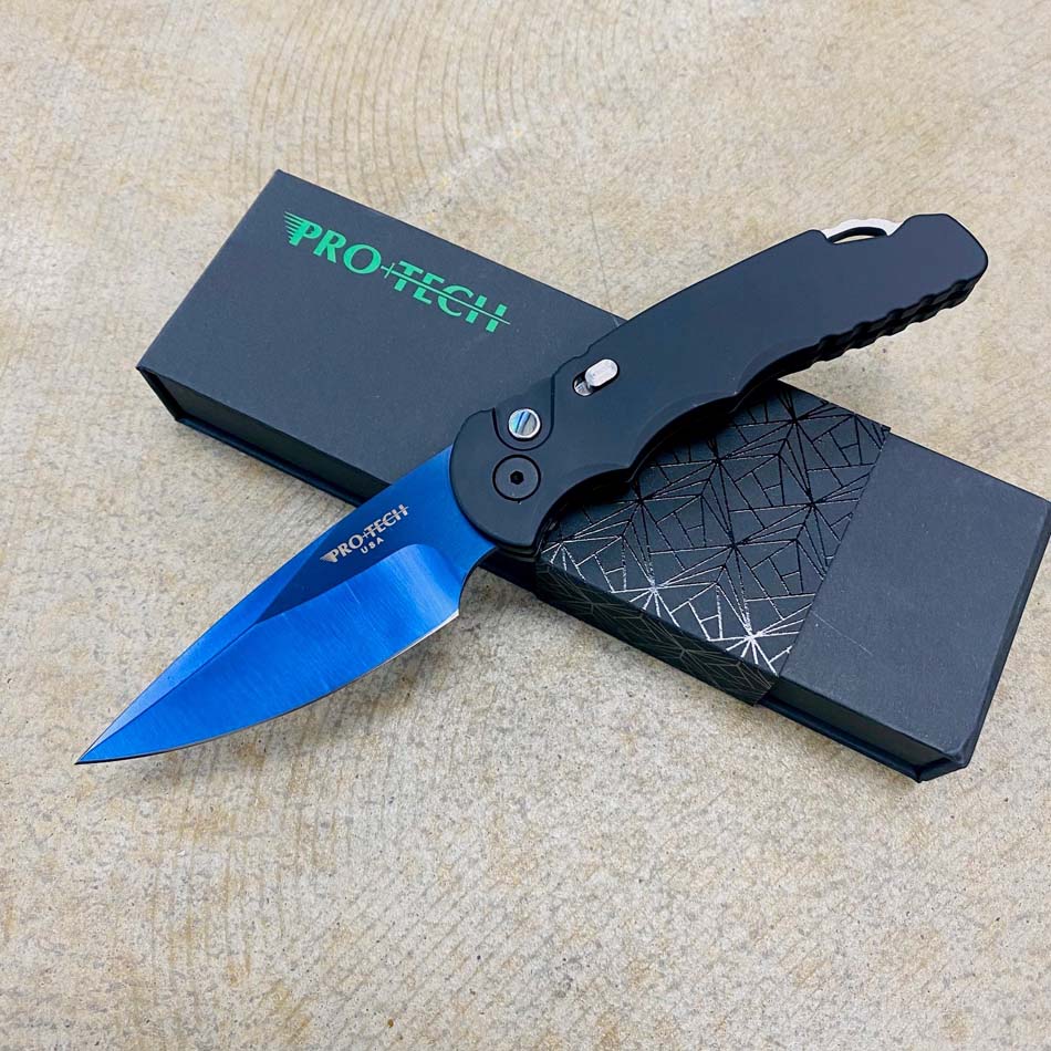 Protech T503-SB Automatic TR-5 Black Handle with Safety Steel Glass Breaker, 154CM Blade with Sapphire Blue Finish, Knife