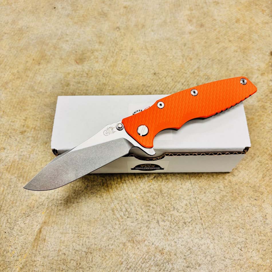 Rick Hinderer Eklipse 3.5" Magnacut Skinny Slicer, Hollow Grind, Tri-Way, Stonewash Bronze, Orange G10 Knife Rick Hinderer Eklipse 3.5" Magnacut Skinny Slicer, Hollow Grind, Tri-Way, Stonewash Bronze, Orange G10 Knife