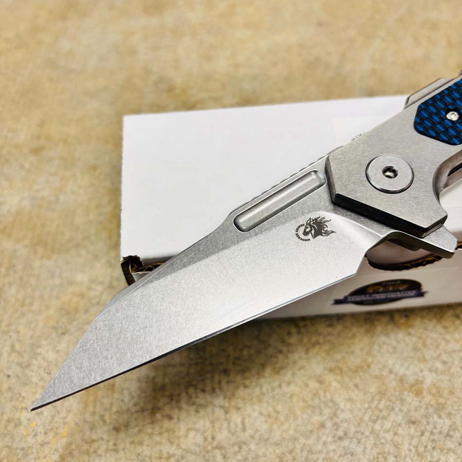 Rick Hinderer Fulltrack S45VN 3.75" Wharncliffe, Tri-Way, Stonewash, Blue/Black G10 Knife - RH Fulltrack Wharn SW BBlue G10