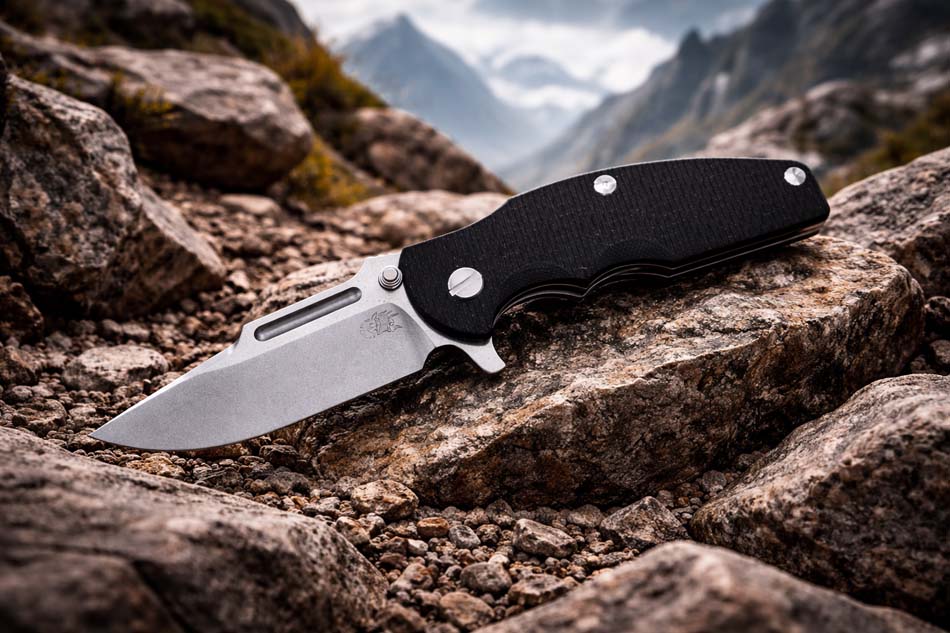 Rick Hinderer Jurassic Frontier 3.375" Magnacut Clip Point, Tri-Way, Stonewash, Black G10 Knife Rick Hinderer Jurassic Frontier 3.375" Magnacut Clip Point, Tri-Way, Stonewash, Black G10 Knife