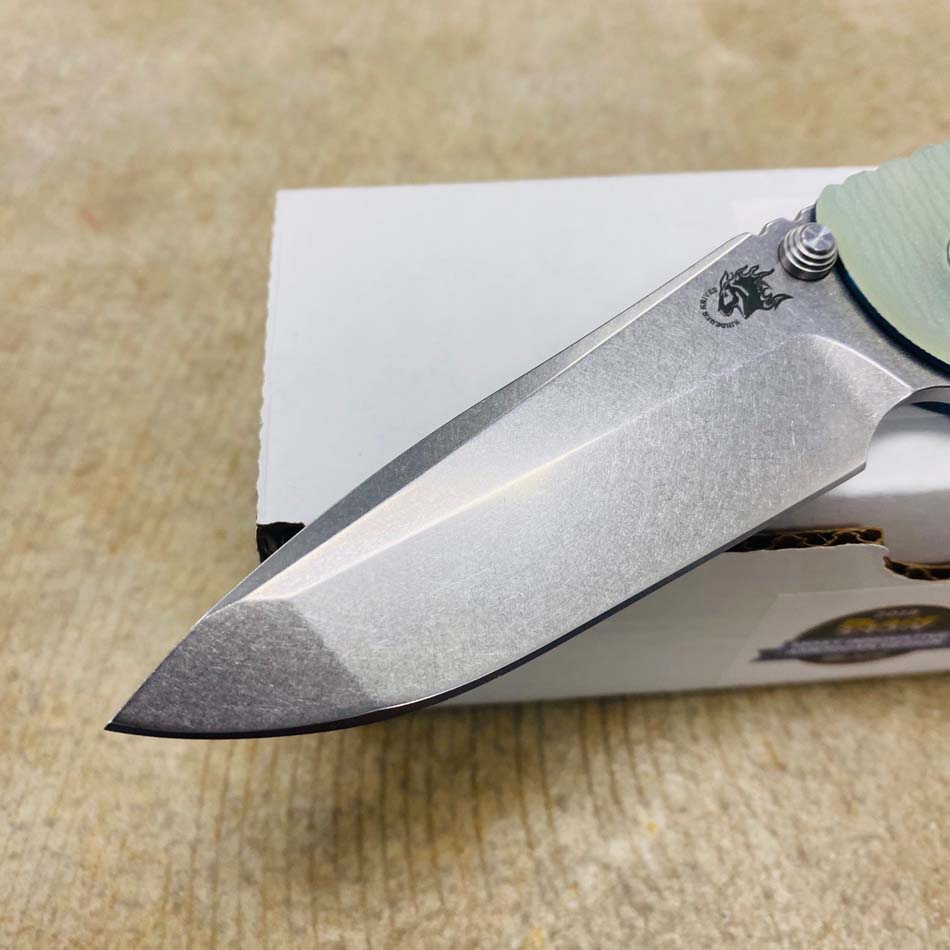 Rick Hinderer XM-18 3.5" Spearpoint Tri-Way Stonewash Blue, Stonewash Blade, Translucent Green G10 Flipper Knife - RH XM-18 3.5" Spear SWBlue Translucent Green