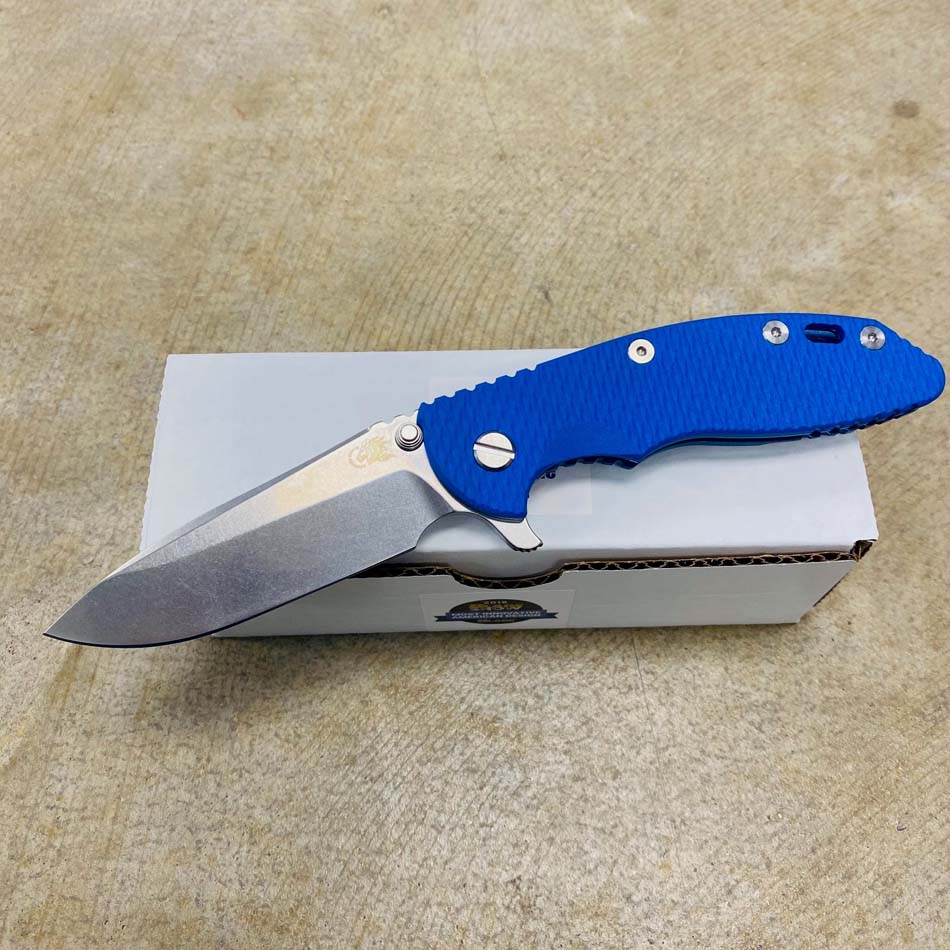 Rick Hinderer XM-18 3.5" Spearpoint Tri-Way Stonewash Blue, Blue G10 Flipper Knife Rick Hinderer XM-18 3.5" Spearpoint Tri-Way Stonewash Blue, Blue G10 Flipper Knife