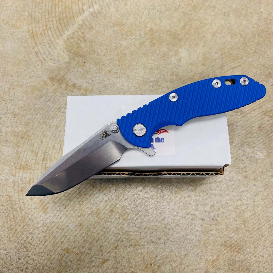 Rick Hinderer XM-18 3.0" Spanto, Tri-Way, STONEWASH BRONZE, Blue G10 Folding Knife Rick Hinderer XM-18 3.0" Spanto, Tri-Way, STONEWASH BRONZE, Blue G10 Folding Knife