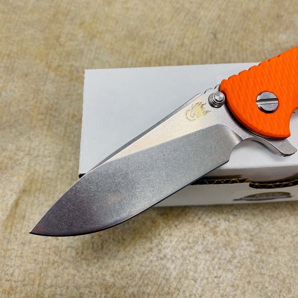 Rick Hinderer XM-18 3.5" Slicer Tri-Way Stonewash Bronze Finish Orange G10 Blade Knife - RH XM-18 3.5" Slicer SW Brz Orange