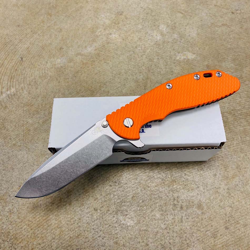 Rick Hinderer XM-24 4.0" Spearpoint Tri-Way, Stonewash Bronze, Orange G10 Folding Knife - RH XM-24 4" Spear SWB Orange