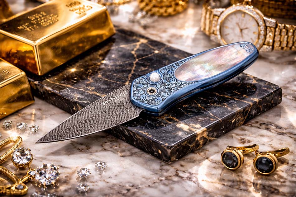 ProTech 2022 Sprint Custom 002 2" Blue Anodized Titanium Frame Engraved by Bruce Shaw, Vegas Forge Damascus Blade, Pearl Button, Pearl Inlay, Titanium Clip Automatic Knife - 2022 Sprint Custom 002