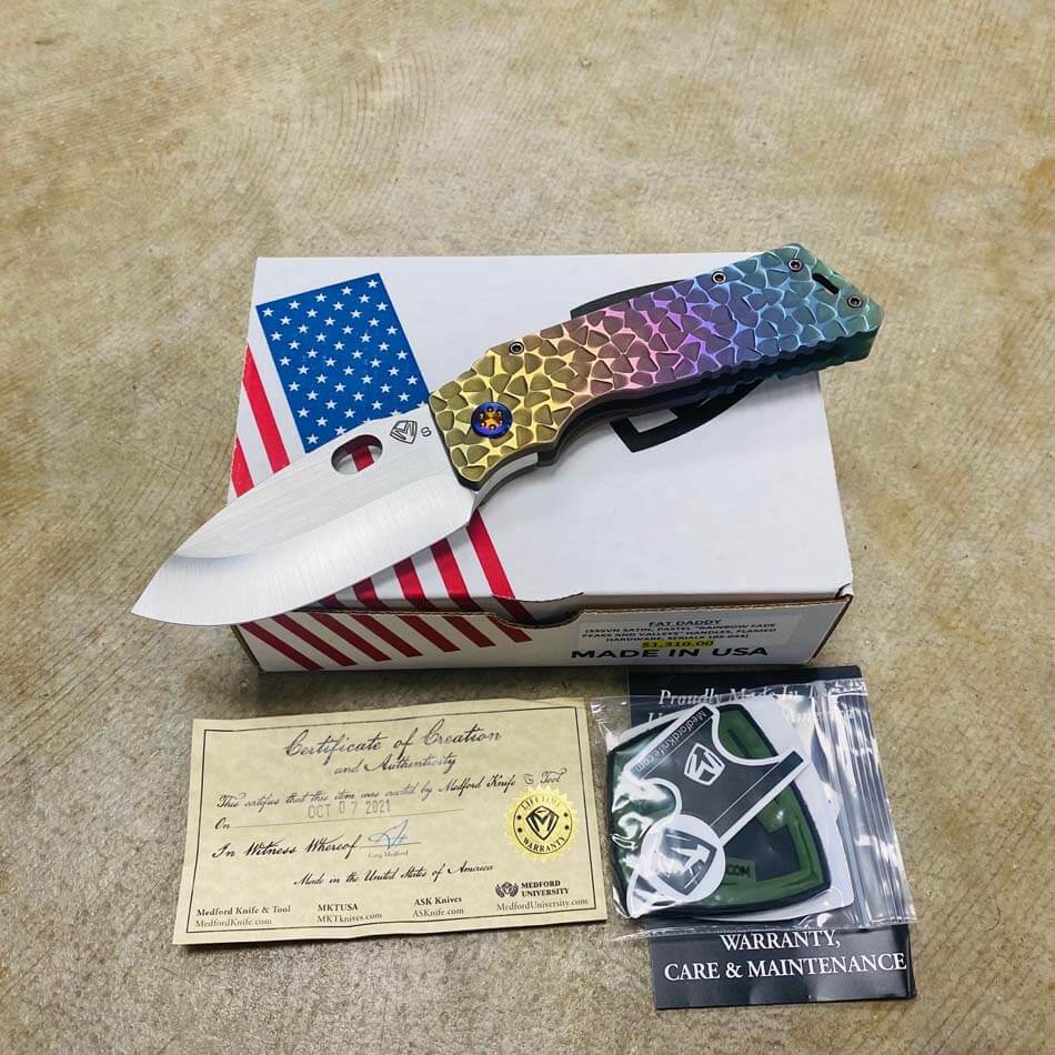 Medford TFF-1 Fat Daddy S35VN Satin 4" Blade Pastel Rainbow Fade Peaks and Valleys Knife serial 105-044
