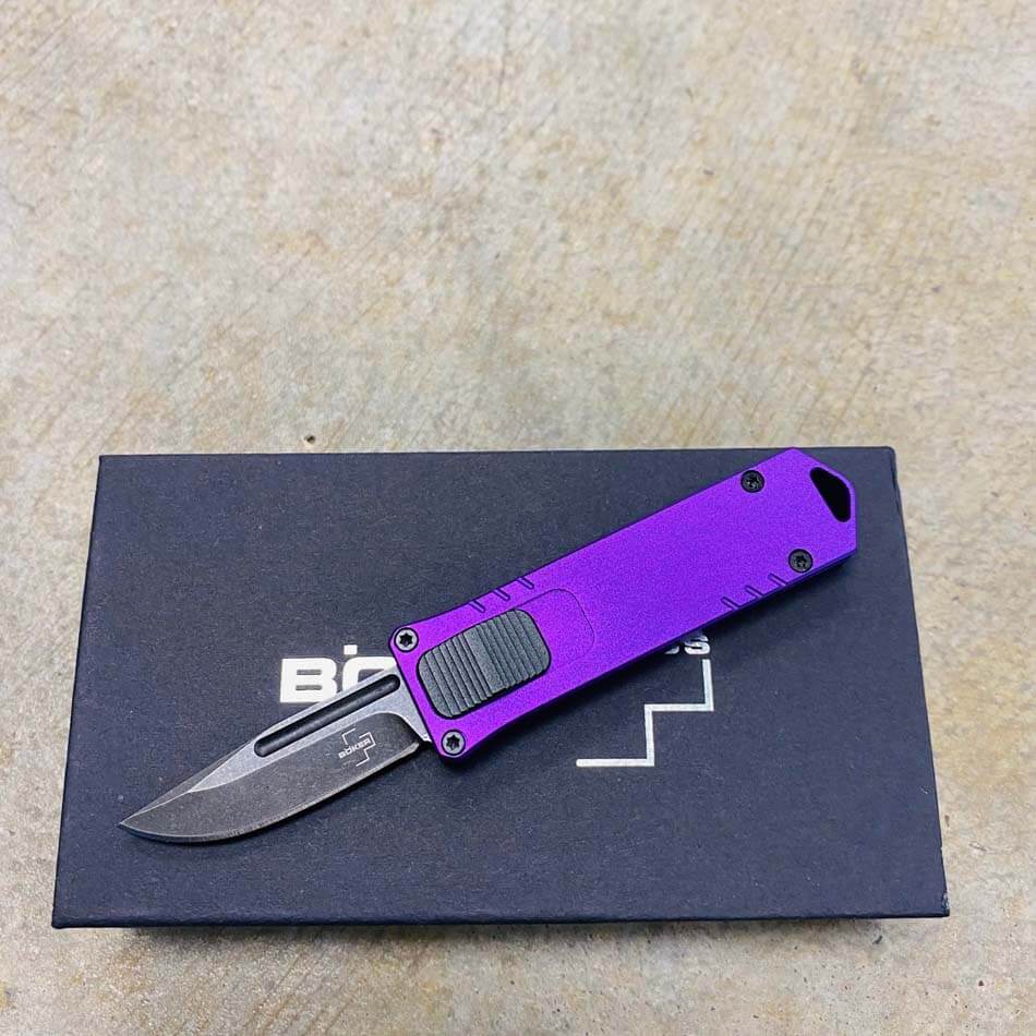 Boker USB OTF Auto Knife Purple Aluminum Handle D2 1.75" Plain Black Blade 06EX277SOI