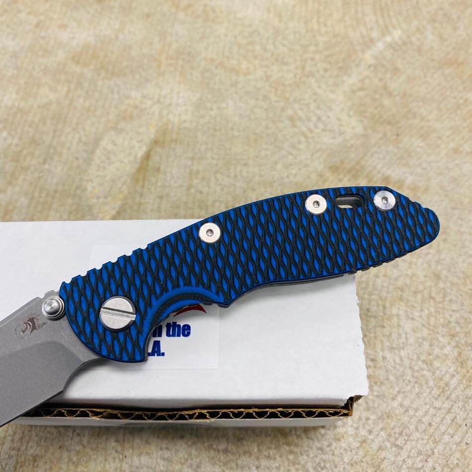 Rick Hinderer XM-18 3.0" Slicer Non-Flipper Tri-Way Working Finish, Blue/Black G10 Knife - RH XM-18 3.0" Slicer WF knife