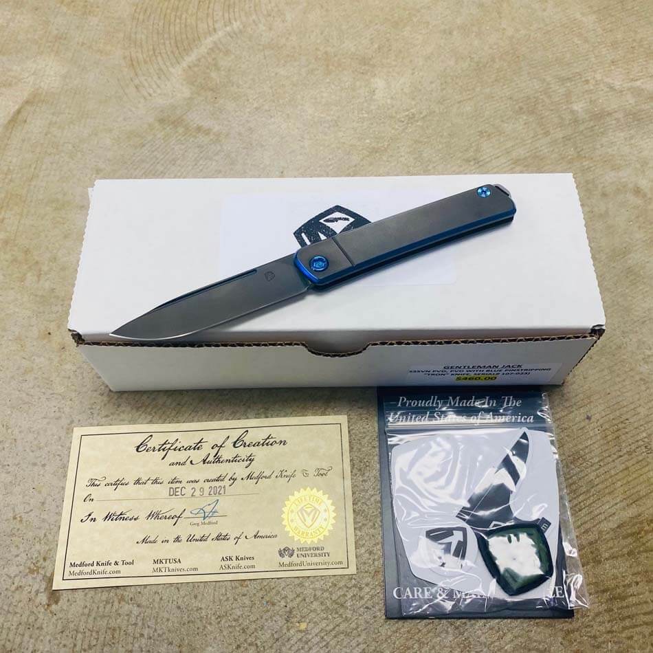 Medford Gentleman Jack GJ-1 Ti 3.1" Slip Joint PVD Blue Pinstripping TRON Knife 107-023