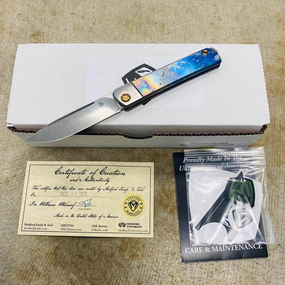 Medford Gentleman Jack GJ-1 Ti 3.1" Slip Joint Blue with Brushed Silver Bolsters Galaxy Solar Flare Knife 107-021