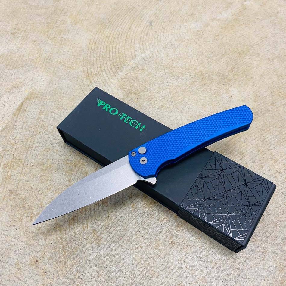 PROTECH 5305-BLUE Malibu Magnacut Wharncliffe 3.3" Stonewash Flipper Textured Blue Knife