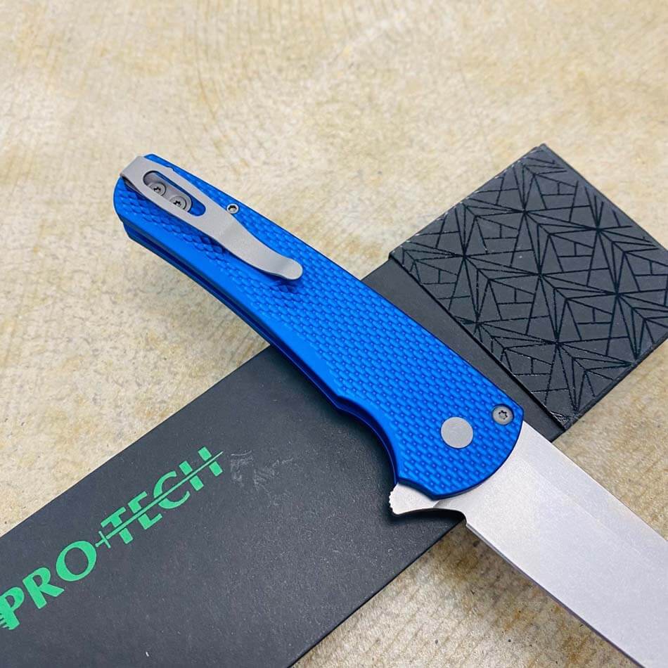 Protech 5305-BLUE Malibu Magnacut Wharncliffe 3.3" Stonewash Flipper Textured Blue Knife - 5305-BLUE