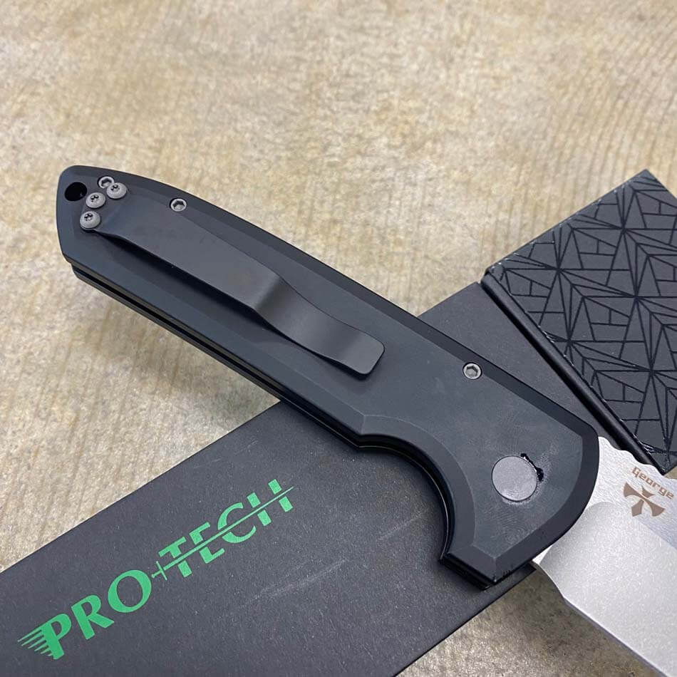 Protech LG305 Les George Rockeye 3.4" CPM-S35VN Blade, Textured Black Handles, Blasted Hardware, Black Clip, Automatic Knife - LG305