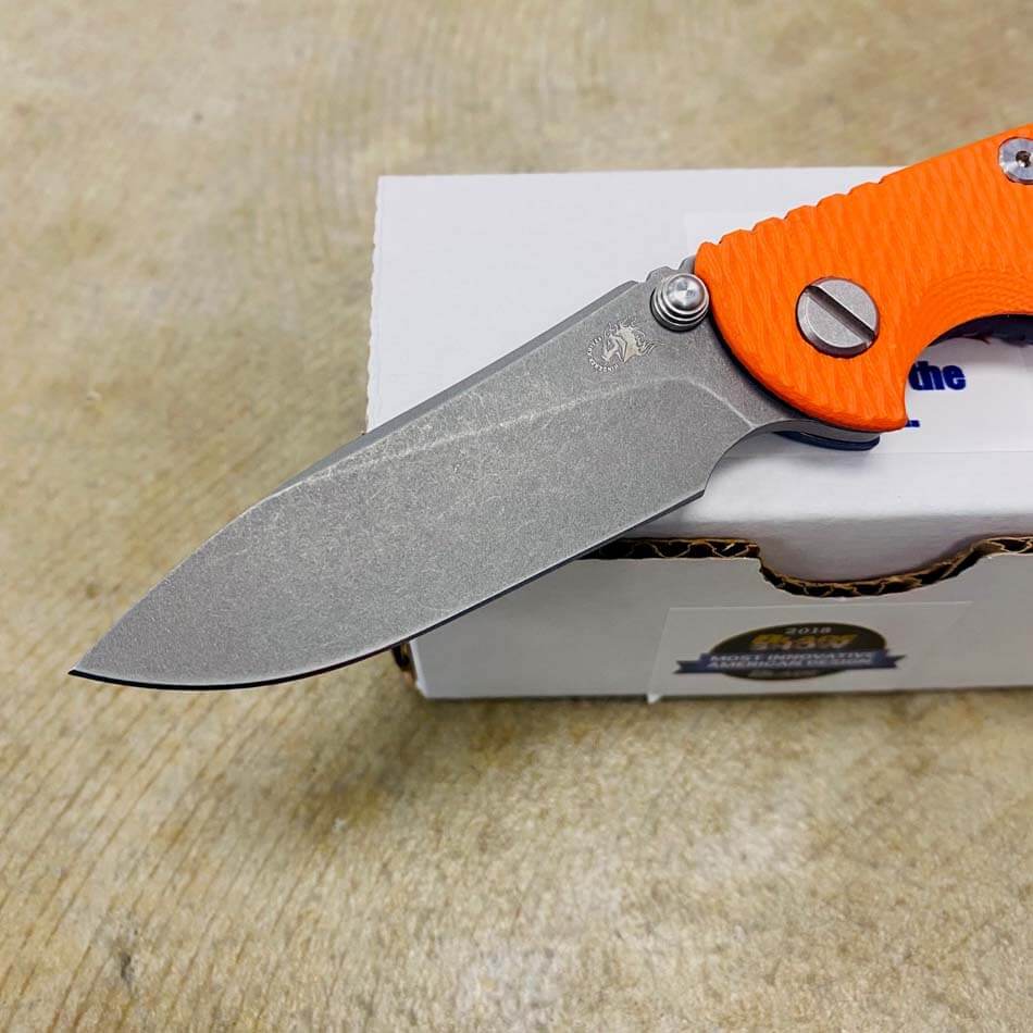 Rick Hinderer XM-18 3.0" Slicer Non-Flipper Working Finish Blade Tri-Way Battle Blue Orange G10 Knife - RH XM-18 3.0" Slicer BB Orange
